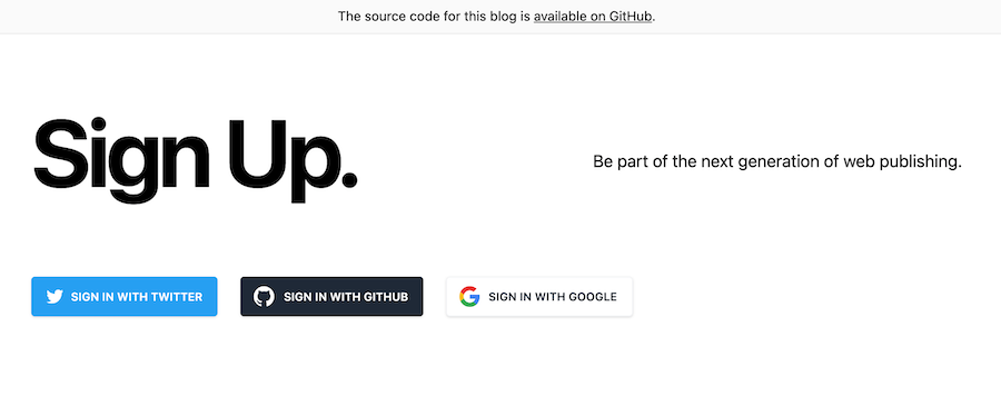 Screenshot of sign up page with social login buttons: twitter, github and google